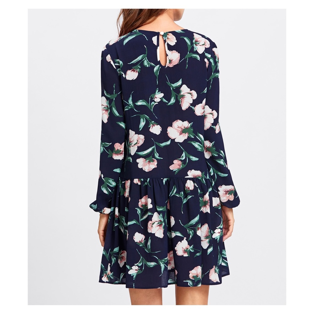 Dark Blue Floral Long Sleeve Shift Dress - Picture 5 of 6